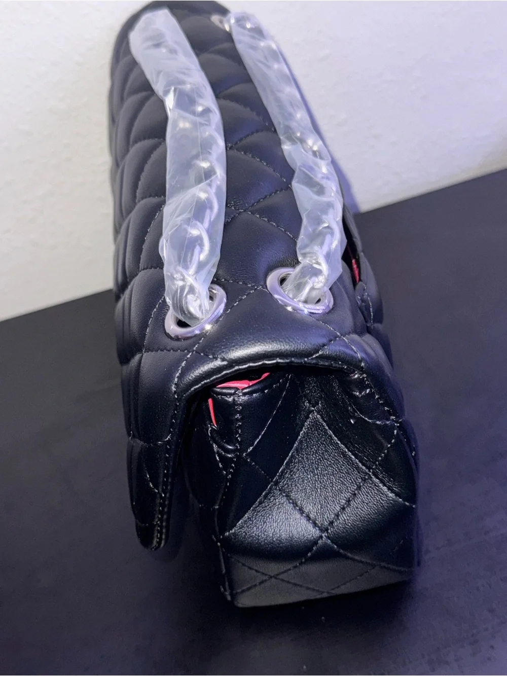 Black Quilted Leather Shoulder Bag with Chain Accent
